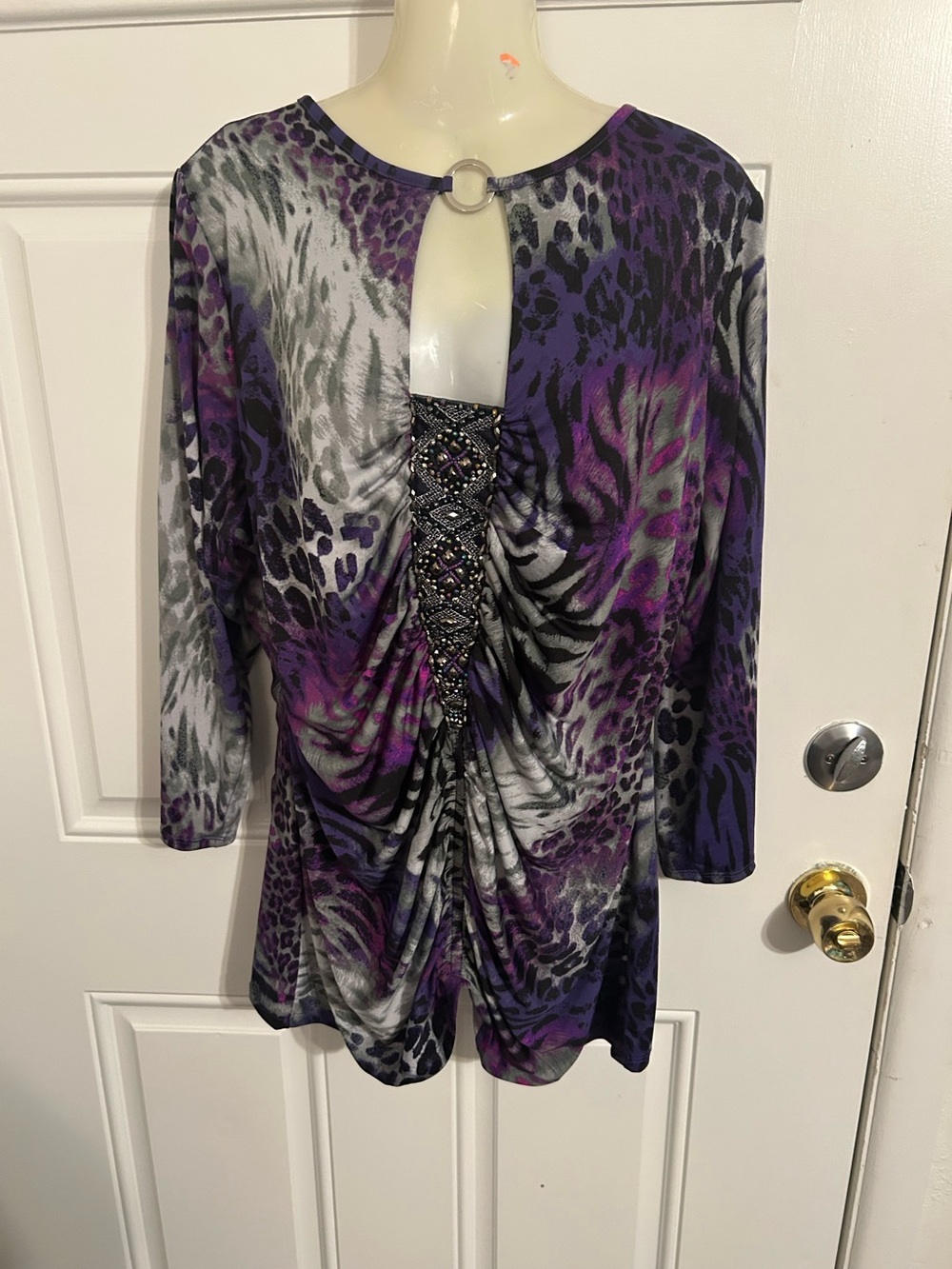 Venus Women’s Purple Animal-Print Ruched Top with Ring Detail Large